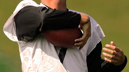 Ben Roethlisberger enjoys a lighter moment on Day 2 of camp yesterday.