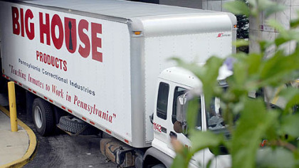 A truck from Big House Products, which has prison inmates manufacturing various goods, delivers items to the State Office Building in Pittsburgh.