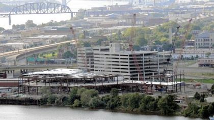 The Majestic Star casino and its parking garage have taken shape along the Ohio River, but no construction work was going on yesterday because of Don Barden's inability to pay his contractors.
