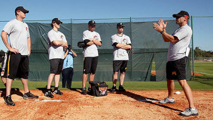 New pitching coach Jeff Andrews, right, works with some of his pitchers yesterday on the first morning of minicamp at Pirates City in Bradenton, Fla.