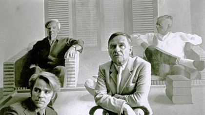 Don Bachardy and Christopher Isherwood sitting in front of David Hockney`s famous 1968 double portrait in the documentary "Chris & Don: A Love Story."