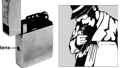 A lighter camera used by spies that had a 4-millimeter diameter lens. The camera was mostly used for photographing private documents.