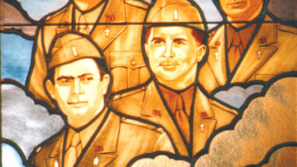 This stained-glass window at the Pentagon honors the four chaplains of the Dorchester.