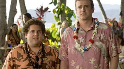 Matthew the waiter/aspiring musician (Jonah Hill, left) gives advice to struggling musician Peter Bretter (Jason Segel) "Forgetting Sarah Marshall."