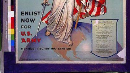 During World War I, Miss Columbia appeared in a 1916 military recruiting poster.