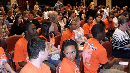Some of those who gathered to hear this year's Kelly Awards nominations; the orange T-shirts are Schenley High School students.