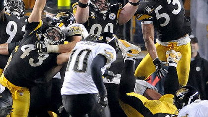 Josh Scobee kicks the go-ahead field goal with 37 seconds remaining in the game last night, spoiling a second-half comeback by the Steelers. (vs. Jaguars 1/5/2008)