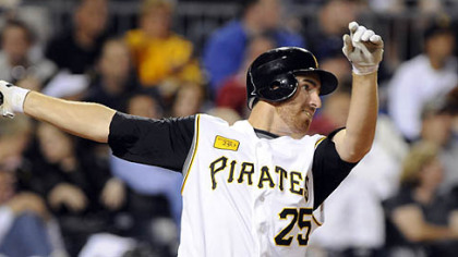 Adam LaRoche follows through after hitting a grand slam off Dodgers starting pitcher Chad Billingsley  in the fifth inning last night at PNC Park.