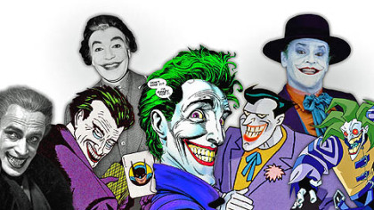 From left, The Joker's inspiration: 1928's "The Man Who Laughs (with Conrad Veidt), and many iterations in comics, on live action TV (with Cesar Romero), in film (with Jack Nicholson) and in animation.