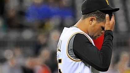 Ian Snell reacts after giving up a home run 
to Milwaukee's Rickie Weeks in the sixth inning last night.