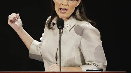 Republican vice presidential nominee Sarah Palin addresses the Republican convention last night in St. Paul, Minn.