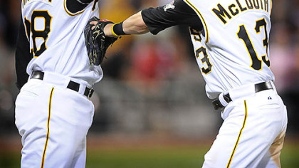 The Pirates' Nate McLouth (right) high fives winning pitcher Paul Maholm after beating the Yankees at PNC Park last night.