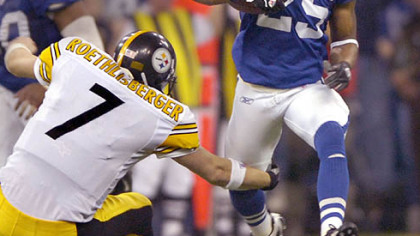 Roethlisberger saves the game after a Jerome Bettis fumble with this tackle of the Indianapolis Colts' Nick Harper. (Feb. 9, 2006)
