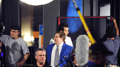 Nate Torrence (center, in blue) and Jay Baruchel (behind Torrence) on the set of "She's Out of My League" at the Warhol.