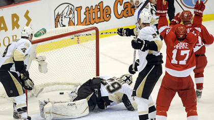 Mikael Samuelsson's shot ends up behind Marc-Andre Fleury in the second period to give the Red Wings a 2-0 lead in Game 1 last night at Joe Louis Arena in Detroit.