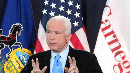 Sen. John McCain speaks yesterday in the Wiegand Gymnasium at Carnegie Mellon University.