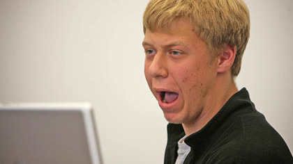 Business major freshman Nate Walczuk, 18, a varsity member of the University of Pittsburgh debate team, emphasizes several points of his argument.