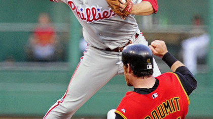 Ryan Doumit is out at second on the front end of a second-inning double play.