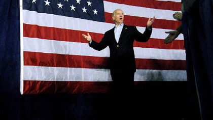 Sen. Joe Biden, the Democratic vice presidential nominee, enters the gym amid cheers from the crowd at Greensburg Salem High School in Greensburg.