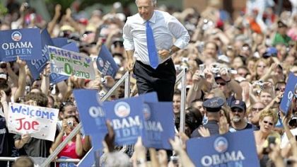 Democratic vice presidential running mate Sen. Joe Biden, D-Del., jogs out to meet Democratic presidential candidate Sen. Barack Obama, D-Ill.