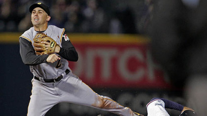Pirates shortstop Jack Wilson forces out Atlanta Braves Jeff Francoeur at second base in the fourth inning.