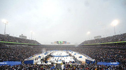A crowd of 71,217 fills Ralph Wilson Stadium to watch the Penguins defeat the Buffalo Sabres, 2-1, yesterday in "The Ice Bowl."