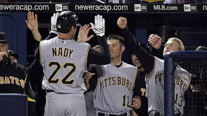 The Pirates' Xavier Nady is greeted at the dugout by teammates Freddy Sanchez (12) and Nate McLouth, right, after hitting a home run in the eighth inning of their game against the Atlanta Braves, Monday.