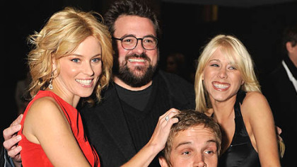 From left, Elizabeth Banks, director Kevin Smith, Jason Mewes and Katie Morgan arrive at the "Zack and Miri Make a Porno" premiere Sunday at the Toronto International Film Festival.