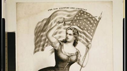 In a 1861 image published by Currier & Ives, Miss Columbia is armed with a sword and grasps an American flag.