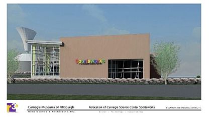 Artist's conception of the new SportsWorks building at the Carnegie Science Center.