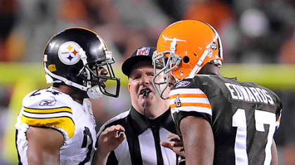 Steelers cornerback Ike Taylor gets in the face of Browns receiver Braylon Edwards last night.