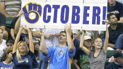 Hopeful Brewers fans show their support for CC Sabathia and their team as it continued to try to catch the Mets for the wild card last night at Miller Park.
