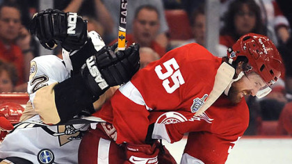 Ryan Malone is hit with a slapshot and leaves the game in the second period.