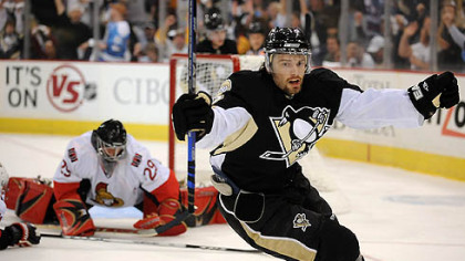 Penguins Petr Sykora celebrates his goal in the first period against the Senators at the Mellon Arena last night.