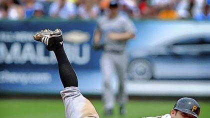 The Pirates' Raul Chavez upends Toronto Blue Jays second baseman Joe Inglett after a force out in fourth inning yesterday.