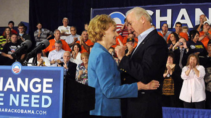 Sen. Joe Biden, the Democratic Party's 2008 vice presidential nominee, talks with Norma Margonari after she introduced him in Greensburg.