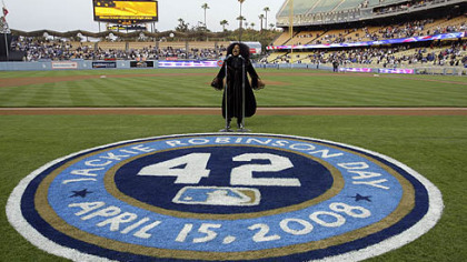 Award-winner Chaka Khan, sings the national anthem before the start of the Los Angeles Dodgers and Pirates baseball game in Los Angeles last night. Chaka Khan was part of the pregame events to celebrate the 61st anniversary of Jackie Robinson breaking baseball's color barrier.