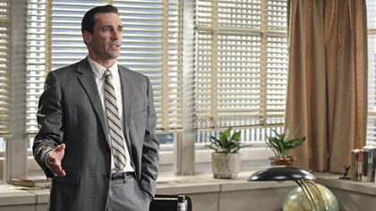 Actor Jon Hamm portrays Don Draper, the creative director of the Sterling Cooper Advertising Agency, in the AMC dramatic series "Mad Men." Hamm yesterday won the Golden Globe for Best Performance by an Actor In A Television Series Drama for his role.