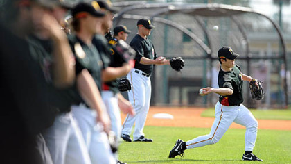 Byung-Hyun Kim works out for the first time with the Pirates pitching staff yesterday in Bradenton, Fla.