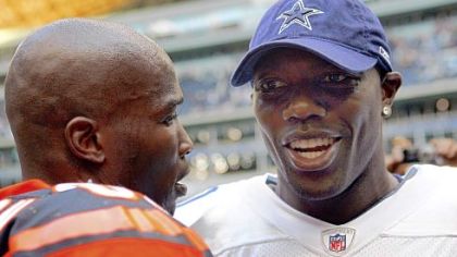 Two of the more outspoken receivers in the NFL -- Chad Johnson, left, and the Cowboys' Terrell Owens -- talk shop before a game earlier this month.