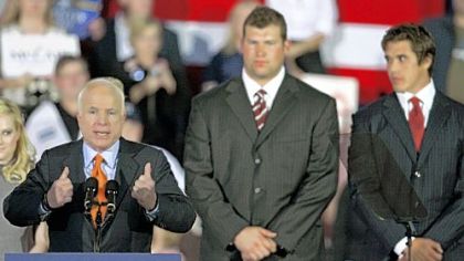 Joe Thomas, center, and Brady Quinn, right, share the stage with Republican presidential candidate Sen. John McCain at a rally Wednesday in Strongsville, Ohio