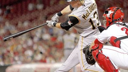 Nate McLouth drives in what proved to be the winning run in the top of the 11th inning last night at Great American Ball Park. Jack Wilson scored on McLouth's hit.