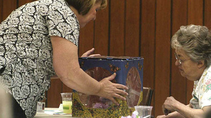 Doug Oster/Post-Gazette
Aimi Long, director of volunteers and activity at  Vincentian de Marillac, in Stanton Heights, shows a box of painted lady butterflies to resident Catherine Heffernan.