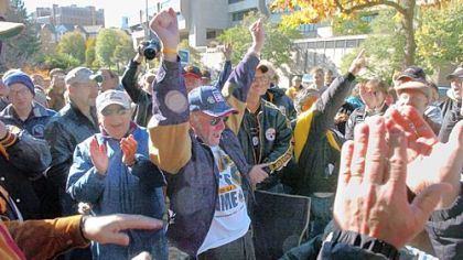 Fans celebrate Bill Mazeroski's 1960 World Series-winning home run at the Forbes Field wall in Oakland in Oct. 2006. Fans gather every year to celebrate one of the greatest moments in Pittsburgh sports history.