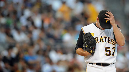 Starter Zach Duke hangs his head after giving up a two-run error against the Yankees in the first inning.