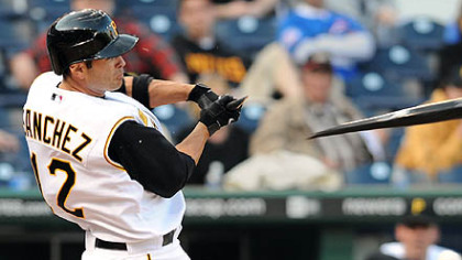Freddy Sanchez breaks his bat against the Cubs yesterday at PNC Park.