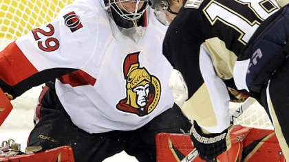The Penguins' Marian Hossa is stopped by Ottawa goalie Martin Gerber in the second period of Game Two last night at Mellon Arena.