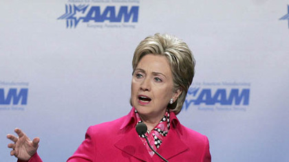 Sen. Hillary Rodham Clinton addresses the Alliance for American Manufacturing in Pittsburgh on Monday.