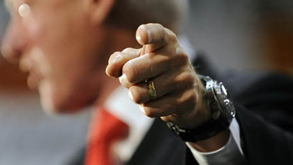 SCRANTON, Pa. -- Former President Bill Clinton gestures while speaking at a rally in support of Democratic presidential nomineee Sen. Barack Obama, Oct. 11.