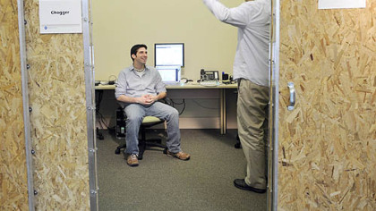 Jeremy Herrman, founder of Chogger, and Jonathan Carson, with GameHuddle, take a break from work at AlphaLab, a South Side business incubator that offers office space and mentoring for six selected software, internet and gaming businesses.
